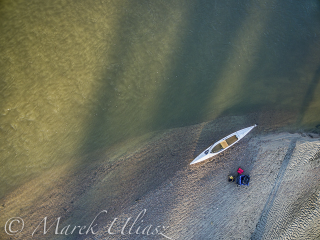 aerial view of expedition decked canoe on a sandbar, South Platte River in eastern Colorado
