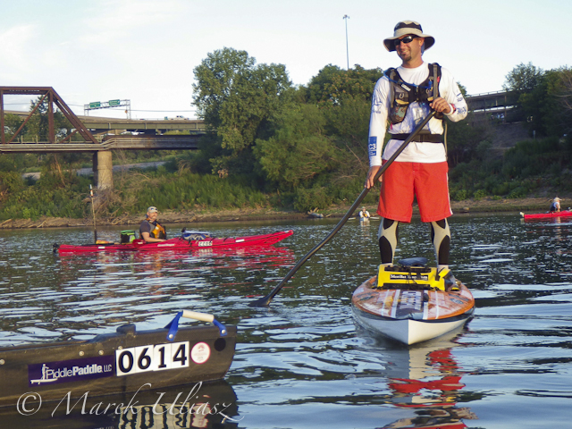Shane Perrin on His Stand Up Paddling Board at the Start of 2012 Missouri River 340 Race